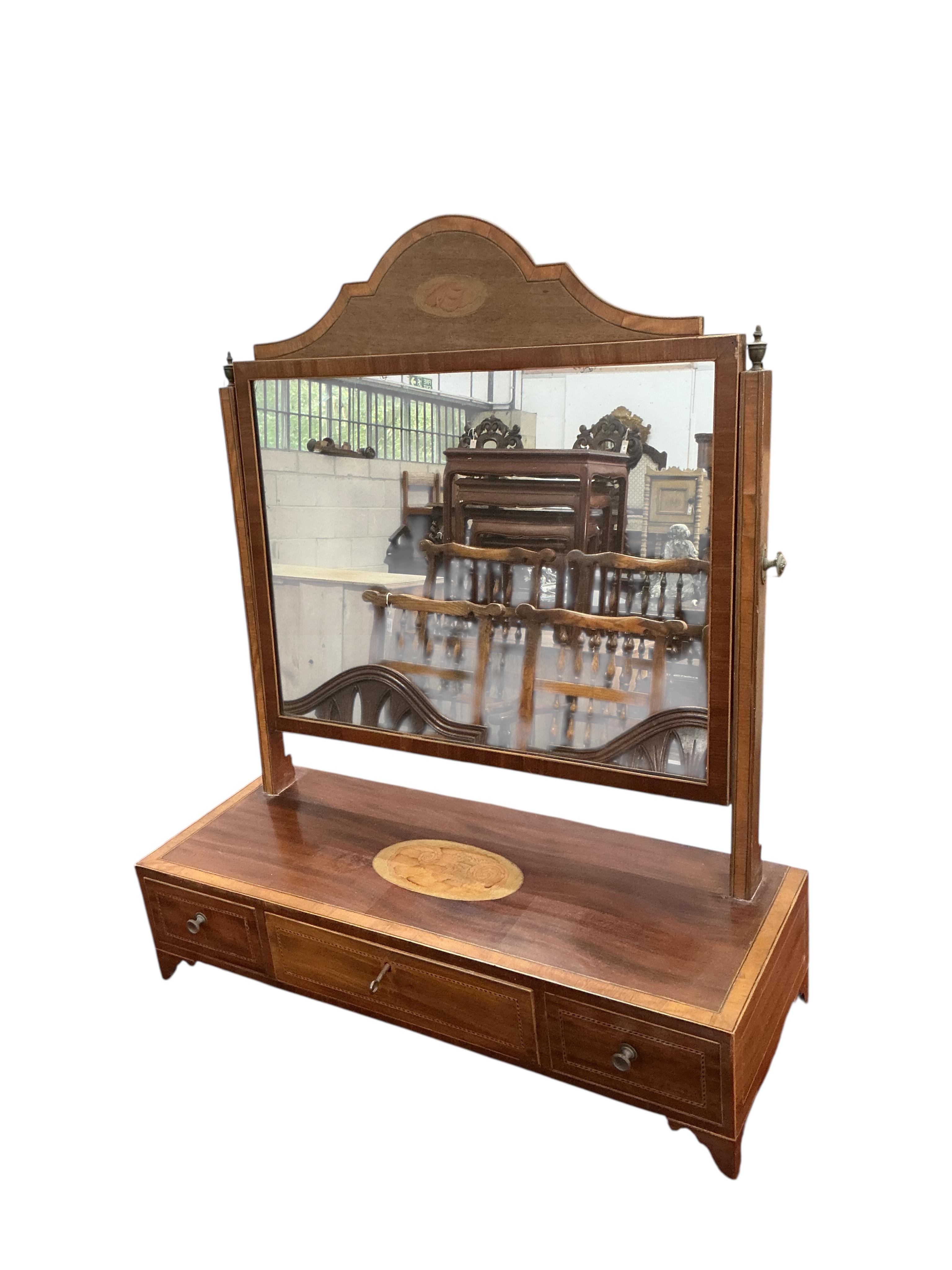 Two George III and later inlaid mahogany toilet mirrors, larger width 67cm, depth 24cm, height 79cm